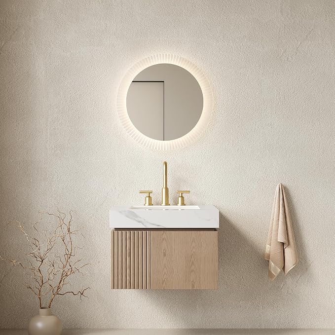 KEIKI 24 Inch Floating Bathroom Vanity with Sink, Light Brown & White | Modern Wall Mounted Storage Cabinet with 2 Doors, Pre-assembled Wood Panels, Sintered Stone Top & Ceramic Basin Combo Set
