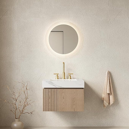 KEIKI 24 Inch Floating Bathroom Vanity with Sink, Light Brown & White | Modern Wall Mounted Storage Cabinet with 2 Doors, Pre-assembled Wood Panels, Sintered Stone Top & Ceramic Basin Combo Set