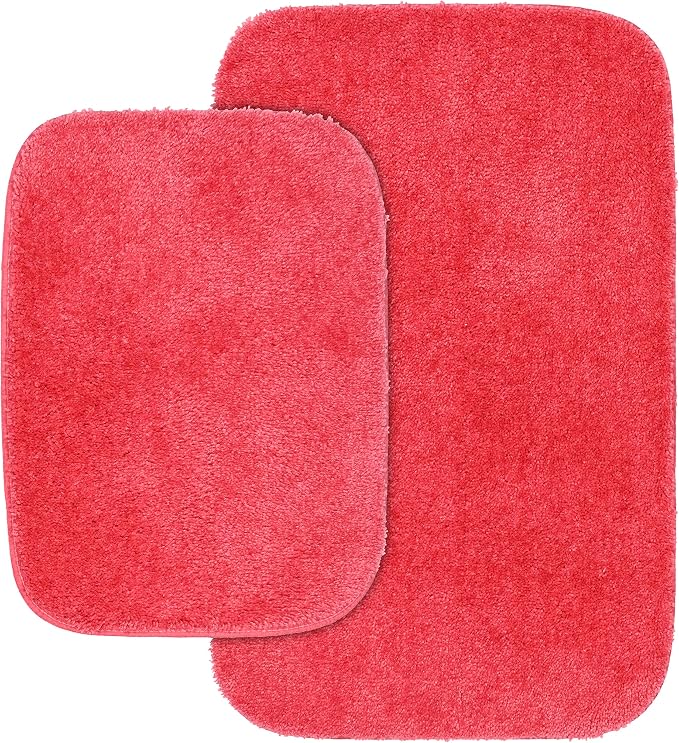 Garland Rug Traditional Nylon Washable Pink Hibiscus 2 Bath Rugs (17" X 24", 21" X 34") - Soft, Absorbent, and Stylish for Your Bathroom