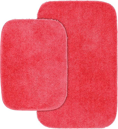Garland Rug Traditional Nylon Washable Pink Hibiscus 2 Bath Rugs (17" X 24", 21" X 34") - Soft, Absorbent, and Stylish for Your Bathroom