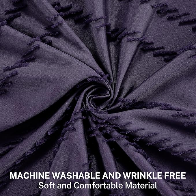 Extra Long Boho Shower Curtain, Woven Fabric 84 in Dark Purple, 72 x 84, Tufted Chevron Striped Modern Chic Textured Minimalist Bathroom Shower Curtain