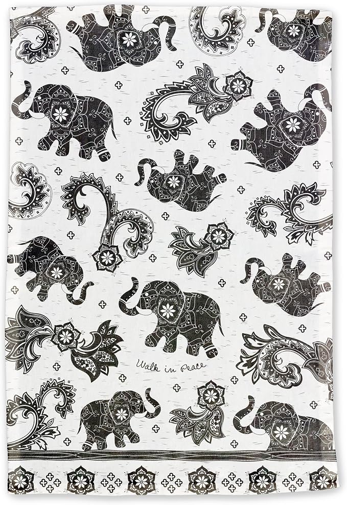 Karma Gifts Black And White Boho Tea Towel, Cotton, Elephant 18" x 22"