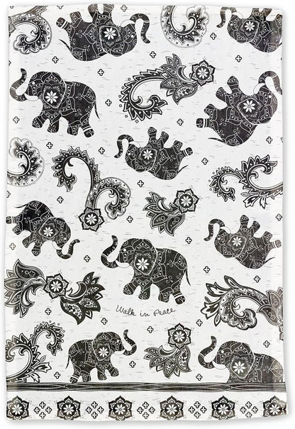Karma Gifts Black And White Boho Tea Towel, Cotton, Elephant 18" x 22"