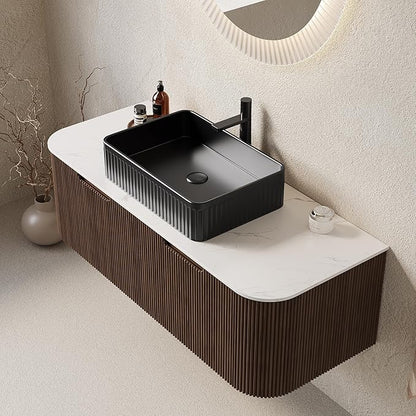 48'' Bathroom Vanities Cabinet with Sink, Wall Mounted Floating Cabinet W/Curved Edges Stripes, Oak Plywood, Soft-Close System with 2 Drawer, Black Rectangular Ceramic Basin - Kiel, Dark Walnut/B