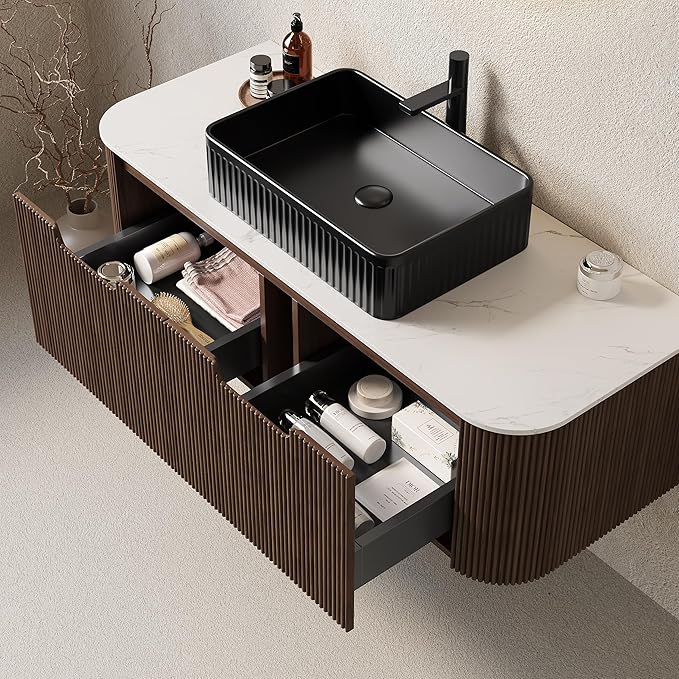 Yayzy 48" Floating Bathroom Vanity with Sink, Solid Wood Fluted Cabinet, Black Fluted Square Ceramic Basin & Faux Marble Top, Soft-Close Drawer, Pre-Assembled, Walnut Woodgrain