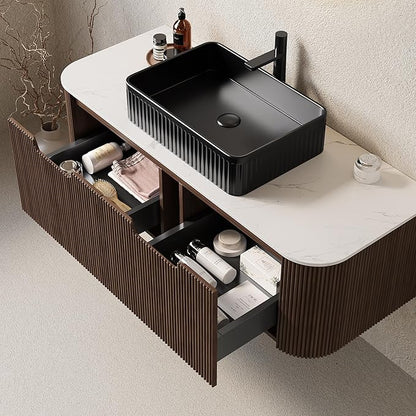 48'' Bathroom Vanities Cabinet with Sink, Wall Mounted Floating Cabinet W/Curved Edges Stripes, Oak Plywood, Soft-Close System with 2 Drawer, Black Rectangular Ceramic Basin - Kiel, Dark Walnut/B