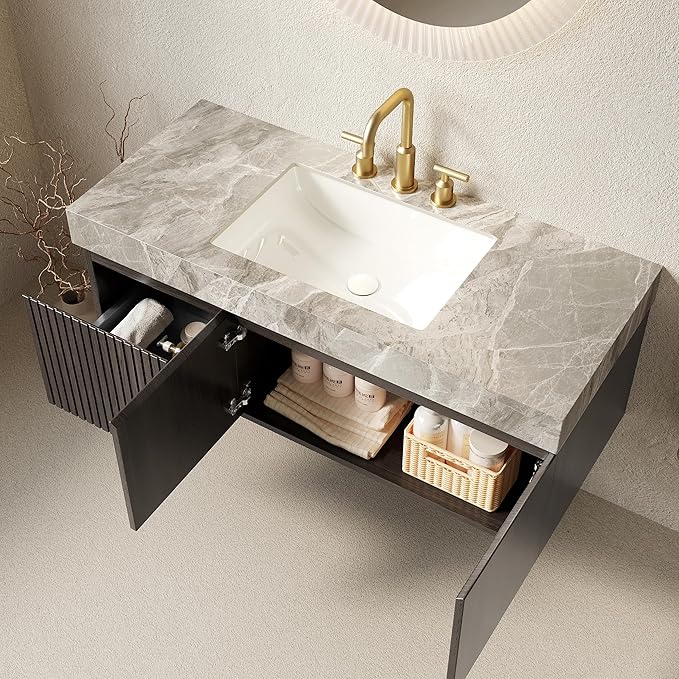 48" Floating Bathroom Vanity with Sink, Plywood Bathroom Vanities with Drawer and Doors, Light Gray Sintered Stone and 3 Pre-drilled Faucet Holes Ceramic Basin, Pre-Assembled, Espresso Woodgrain