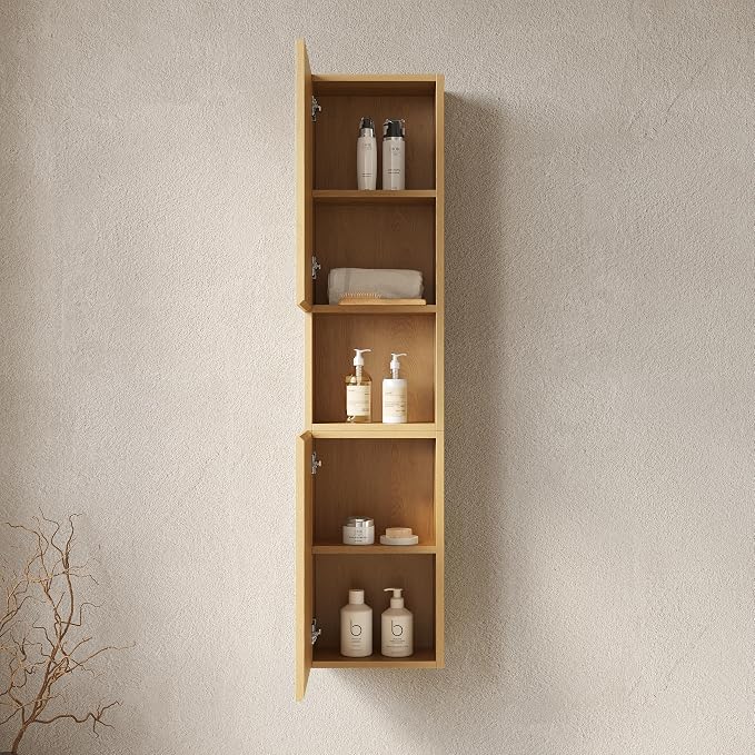 KEIKI Bathroom Wall Cabinet with Soft-Close Doors & Open Shelf, Golden Oak | Premium Wood Medicine Cabinet, Narrow Storage Cabinet for Bathroom Kitchen Laundry Room
