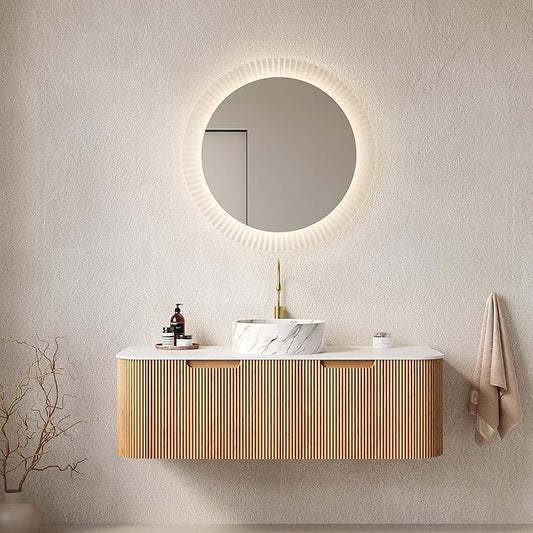 LKTART 48 Inch Floating Bathroom Vanity with Sink, Modern Wall Mounted Bathroom Storage Cabinet with Drawer, Stone Pattern Round White Ceramic Sink Top and Marble Texture Top, Natural Wood