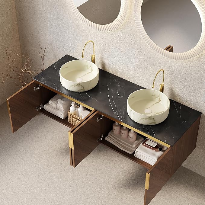 Bathroom Vanity with Double Sink, 60 Inch Floating Vanity with Vessel Sink, Wall-Mounted Plywood Bathroom Sink Cabinet with 4 Doors, Black Sintered Stone Countertop, Brown Oak