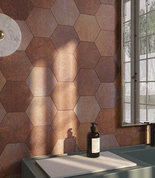 W&S 24-Sheets Hexagon Peel and Stick Floor Tile, Red Brown Peel and Stick Backsplash Tile for Wall, Self Adhesive Faux Stone Flooring DIY for Kitchen, Living Room, RV, Bathroom