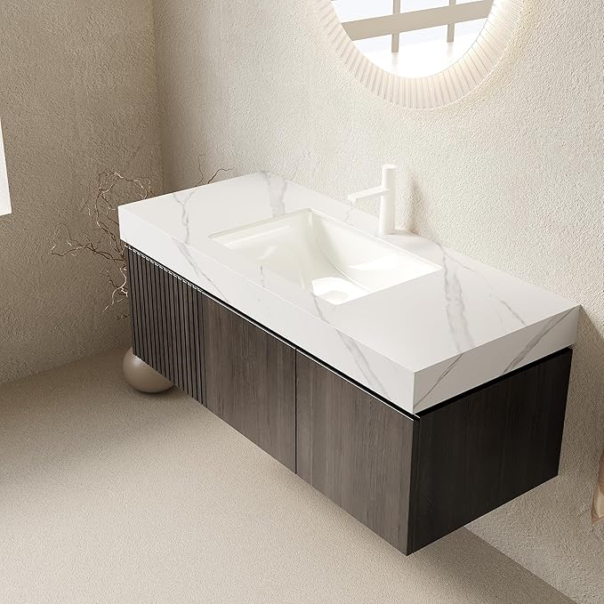 Ambrovina 48 inch Floating Bathroom Vanity with Sink, Plywood Storage Vanities with Drawer and 2 Doors, Carrara White Sintered Stone Top and Ceramic Basin, Pre-Assembled Cabinet, Espresso Woodgrain