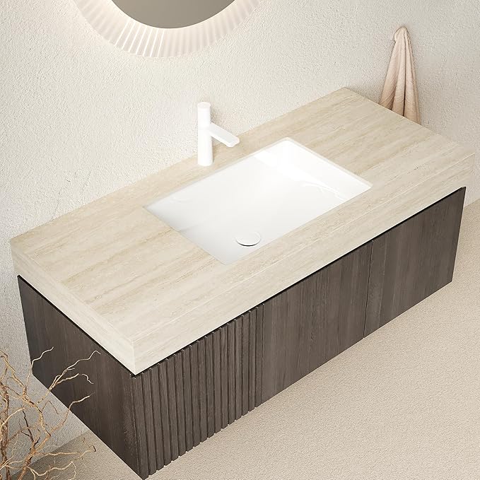 48 Inch Floating Bathroom Vanity with Sink, Wall-Mounted Bathroom Vanity with Drawer and 2 Doors, Roma Travertine-Pattern Countertop and Ceramic Basin, Pre-Assembled,Espresso