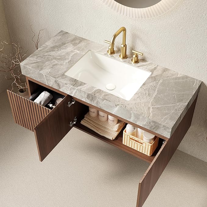 KEIKI 48 Inch Floating Bathroom Vanity with Sink, Modern Wall Mounted Storage Cabinet with Drawer, Pre-Assembled Waterproof Wood Panels, Sintered Stone Top & Ceramic Basin Combo Set, Brown Oak & Grey