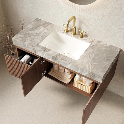 KEIKI 48 Inch Floating Bathroom Vanity with Sink, Modern Wall Mounted Storage Cabinet with Drawer, Pre-Assembled Waterproof Wood Panels, Sintered Stone Top & Ceramic Basin Combo Set, Brown Oak & Grey