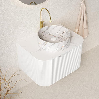 24'' Bathroom Vanities Cabinet with Sink Combo, Wall Mounted Floating Cabinet W/Curved Edges Stripes, Oak Plywood, Soft-Close System with a Drawer, White Round Ceramic Basin - Kiel, White/S