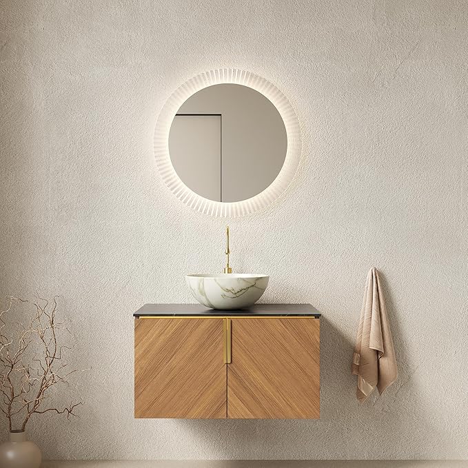 30" Floating Bathroom Vanity with Sink Combo, Modern Vanity with Vessel Sink, Wall-Mounted Bathroom Vanity Cabinet with Doors, Countertop and White Bowl Ceramic Basin,Brown Oak