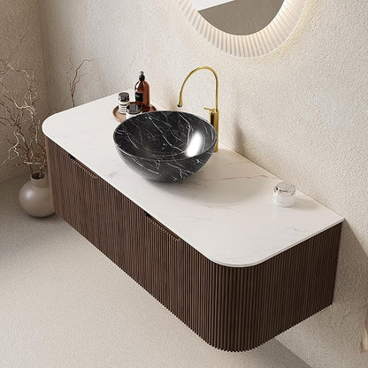 Yayzy 48" Floating Bathroom Vanity with Sink, Solid Wood Fluted Cabinet, White Marble-Patterned Ceramic Basin & Faux Marble Top, Soft-Close Drawer, Pre-Assembled, Walnut Woodgrain