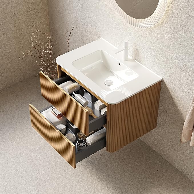 30" Floating Bathroom Vanity with Sink, Wall Mounted Modern Bathroom Cabinet with 2 Soft Close Drawers, Oak & Plywood, Pre-Assembled with Integrated Ceramic Basin – Bruges, Natural Wood