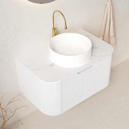 30'' Bathroom Vanities Cabinet with Sink Combo, Wall Mounted Floating Cabinet W/Curved Edges Stripes, Oak Plywood, Soft-Close System with a Drawer, White Round Ceramic Basin - Kiel, White