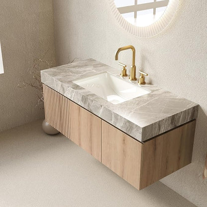 KEIKI 48 Inch Floating Bathroom Vanity with Sink, White Oak & Grey | Modern Wall Mounted Storage Cabinet w/ Drawer & Door, Pre-assembled Wood Panels, Sintered Stone Top & Ceramic Basin Combo Set
