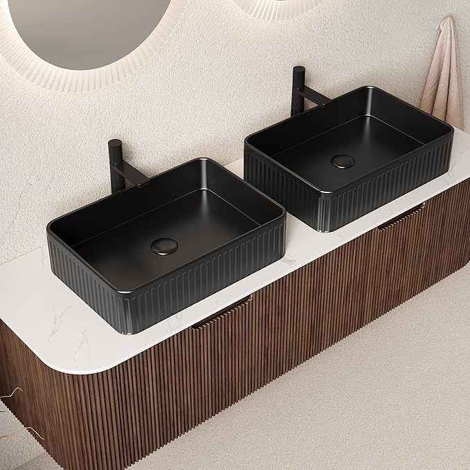 60'' Bathroom Vanities Cabinet with Sink, Wall Mounted Floating Cabinet W/Curved Edges Stripes, Oak Plywood, Soft-Close System with 2 Drawer & 2 Black Rectangular Ceramic Basin - Kiel, Dark Walnut/B