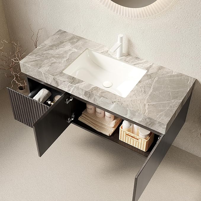 Ambrovina 48" Floating Bathroom Vanity with Sink, Modern Plywood Bathroom Storage Cabinet with Drawer and 2 Doors, Gray Sintered Stone Countertop and Ceramic Basin, Pre-Assembled, Espresso Woodgrain