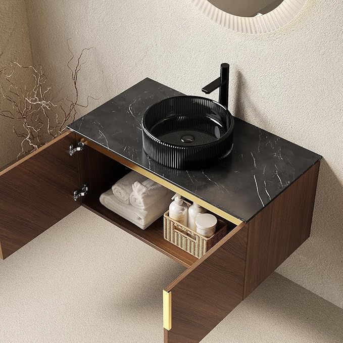 36 Inch Bathroom Vanity with Sink Combo, Floating Vanity Bathroom with Vessel Sink, Modern Bathroom Vanity Cabinet with Doors, Sintered Stone Countertop and Glass Sink,Brown Oak