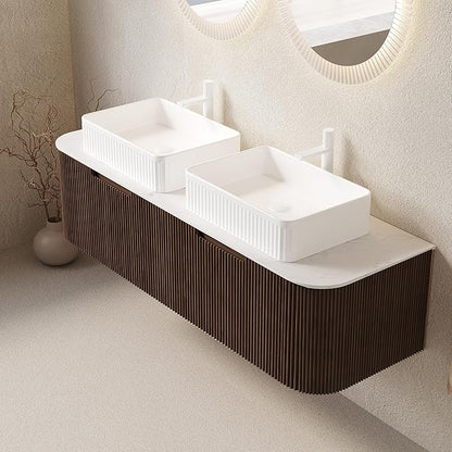 60" Floating Bathroom Vanity with Sink, Wall-Mount Cabinet with 2 Large Storage Drawer, 2 White Rectangular Ceramic Basins and Marble Top, Soft-Close Design, Dark Walnut