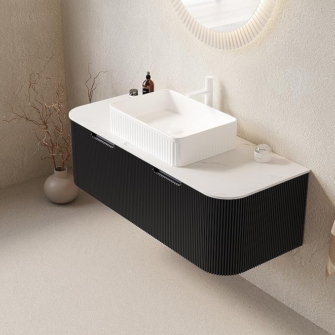 48 inch Floating Bathroom Vanity with Sink, Modern Bathroom Vanities with White Rectangular Ceramic Basin and Marble Top, 2 Large Soft-Closing Storage Drawers, Pre-Assembled Cabinet, Gloss Black