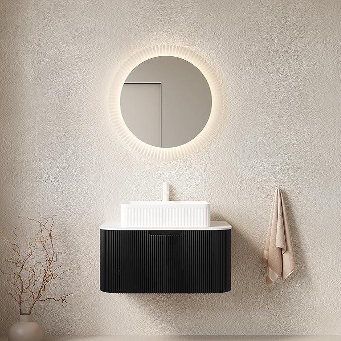 Yayzy 30" Floating Bathroom Vanity with Sink, Solid Wood Fluted Cabinet, White Fluted Square Ceramic Basin & Faux Marble Top, Soft-Close Drawer, Pre-Assembled, Gloss Black