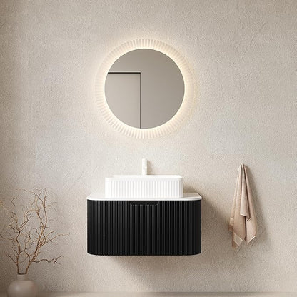 Yayzy 30" Floating Bathroom Vanity with Sink, Solid Wood Fluted Cabinet, White Fluted Square Ceramic Basin & Faux Marble Top, Soft-Close Drawer, Pre-Assembled, Gloss Black