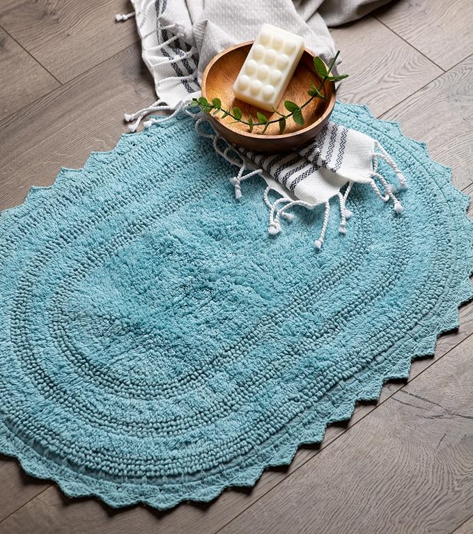 DII Crochet Collection Reversible Bath Mat, Large Oval, 21x34, Cameo Blue