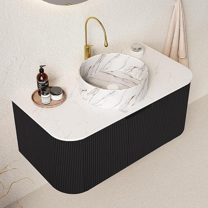 36'' Floating Vanity with Sink Combo, Modern Wall-Mounted Curved Edges Striped Bathroom Storage Cabinet with Soft-Close Drawer and White Stone Pattern Basin, Black
