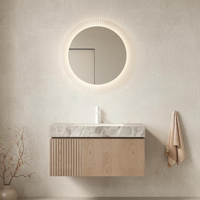 KEIKI 36 Inch Floating Bathroom Vanity with Sink, Light Brown & Grey | Modern Wall Mounted Storage Cabinet w/ Drawer & Door, Pre-assembled Wood Panels, Sintered Stone Top & Ceramic Basin Combo Set