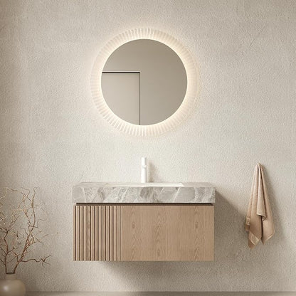 KEIKI 36 Inch Floating Bathroom Vanity with Sink, Light Brown & Grey | Modern Wall Mounted Storage Cabinet w/ Drawer & Door, Pre-assembled Wood Panels, Sintered Stone Top & Ceramic Basin Combo Set