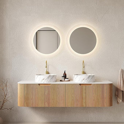 60'' Bathroom Vanities Cabinet with Sink, Wall Mounted Floating Cabinet W/Curved Edges Stripes, Oak Plywood, Soft-close System with 2 Drawer & 2 White Round Ceramic Basin - Kiel, Natural Wood/S