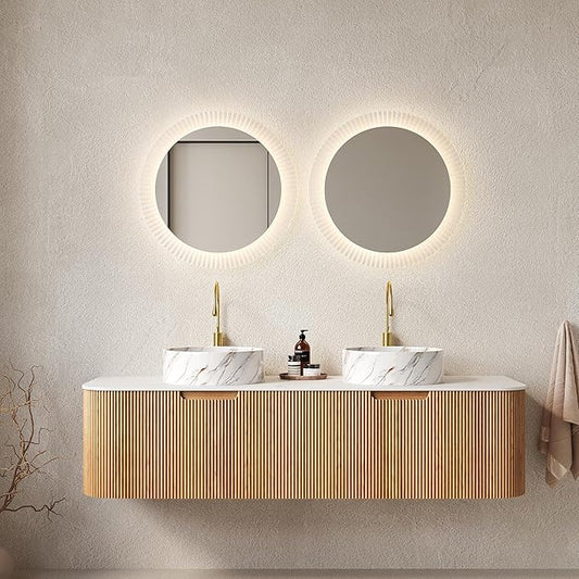 60'' Bathroom Vanities Cabinet with Sink, Wall Mounted Floating Cabinet W/Curved Edges Stripes, Oak Plywood, Soft-close System with 2 Drawer & 2 White Round Ceramic Basin - Kiel, Natural Wood/S