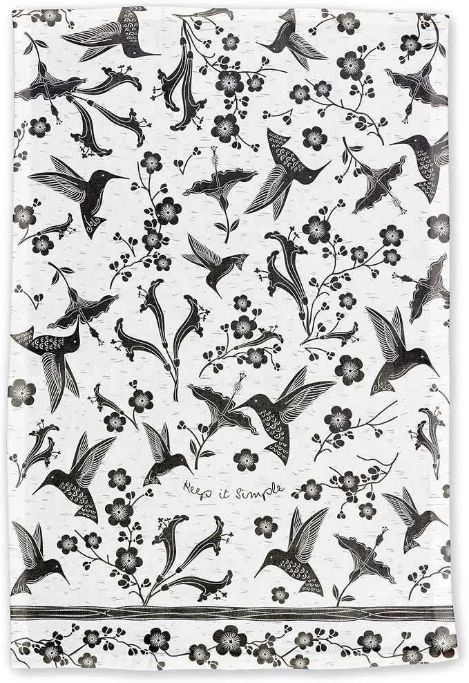 Karma Gifts Black And White Boho Tea Towel, Cotton, Hummingbird 18" x 22"