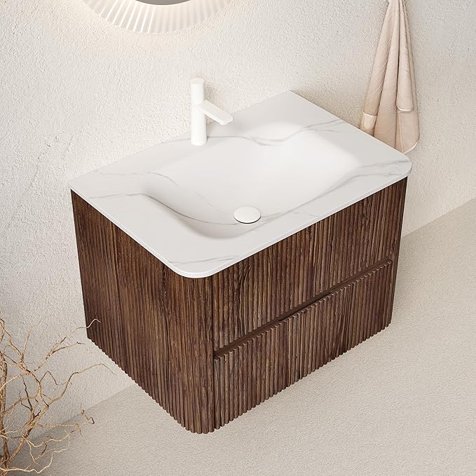 30" Floating Bathroom Vanity with Sink, Wall Mounted Modern Bathroom Cabinet with 2 Soft Close Drawers, Oak & Plywood, Pre-Assembled with Carrara White Basin – Bruges, Retro Walnut/S