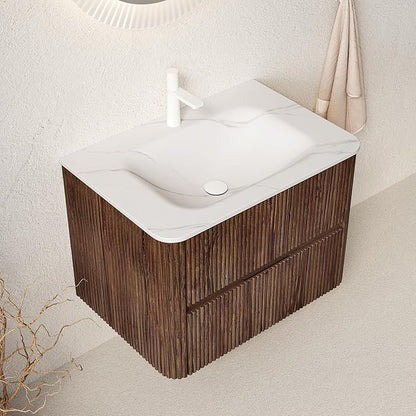 30" Floating Bathroom Vanity with Sink, Wall Mounted Modern Bathroom Cabinet with 2 Soft Close Drawers, Oak & Plywood, Pre-Assembled with Carrara White Basin – Bruges, Retro Walnut/S