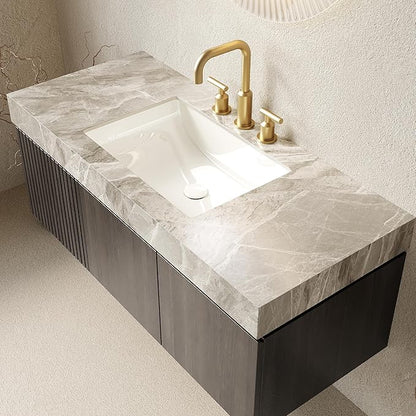 48" Floating Bathroom Vanity with Sink, Plywood Bathroom Vanities with Drawer and Doors, Light Gray Sintered Stone and 3 Pre-drilled Faucet Holes Ceramic Basin, Pre-Assembled, Espresso Woodgrain