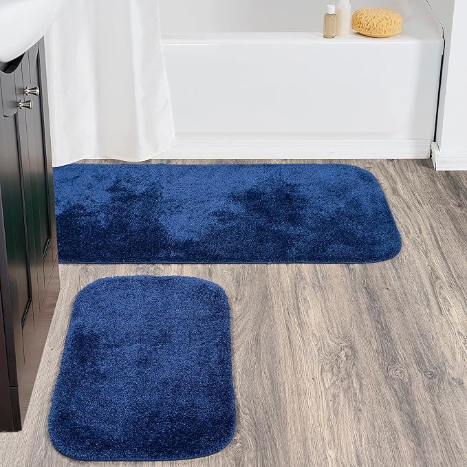 Garland Rug Traditional Nylon Washable Navy 2 Bath Rugs (21" X 34", 22" X 60") - Soft, Absorbent, and Stylish for Your Bathroom