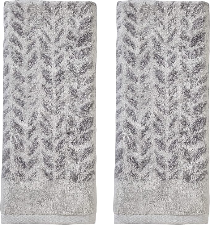 SKL Home Distressed Leaves Han Towel Set-2pc, 100% Turkish Cotton, Gray | 600 GSM weight. Spa-level quality. Soft & absorbent, reversible jacquard. For the bathroom, kitchen, bar or any sink space.