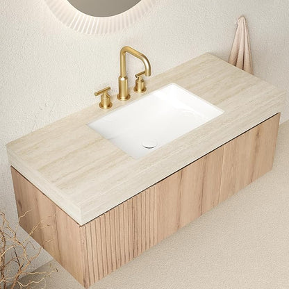 48" Bathroom Vanity with Sink, Roma Travertine-Pattern Countertop and 3 Pre-drilled Faucet Holes Ceramic Basin, Wall Mounted Bathroom Vanities with Drawer and 2 Doors, Pre-Assembled, Light Wooden