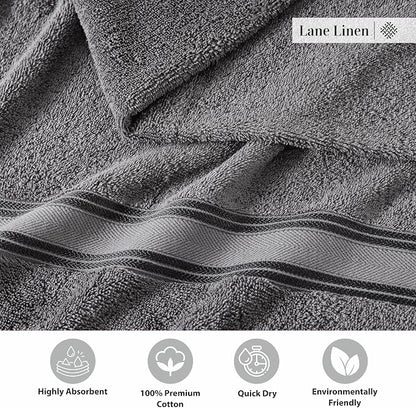 LANE LINEN Bathroom Towel Set 3 Piece Soft Absorbent Quick Dry - Cool Grey | Pack Of Towels - Coordinated Colors, Dobby Border Accent, OEKO-TEX Certified, Zero-Twist Durability, Zero-Twist Cotton