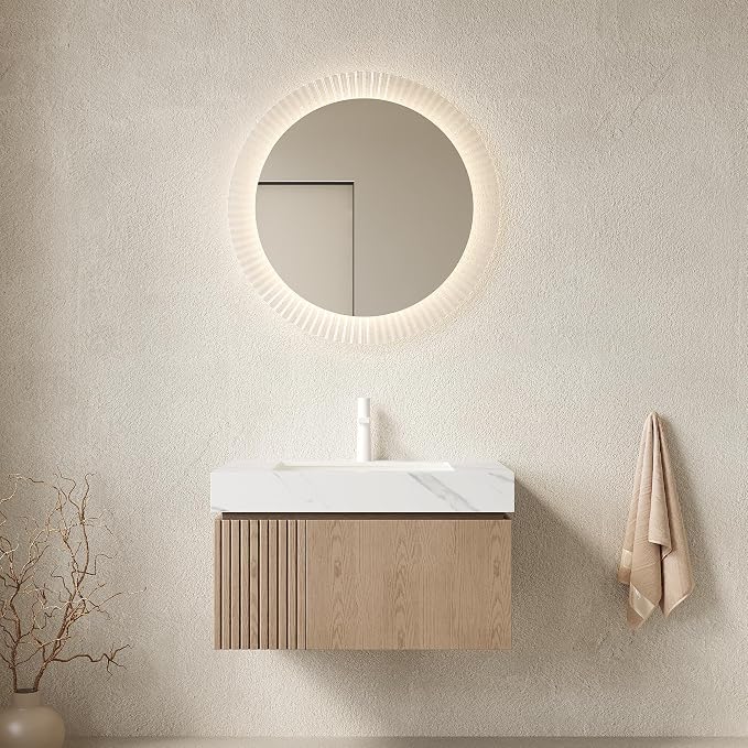 KEIKI 30 Inch Floating Bathroom Vanity with Sink, Light Brown & White | Modern Wall Mounted Storage Cabinet w/ Drawer & Door, Pre-assembled Wood Panels, Sintered Stone Top & Ceramic Basin Combo Set