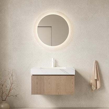 KEIKI 30 Inch Floating Bathroom Vanity with Sink, Light Brown & White | Modern Wall Mounted Storage Cabinet w/ Drawer & Door, Pre-assembled Wood Panels, Sintered Stone Top & Ceramic Basin Combo Set