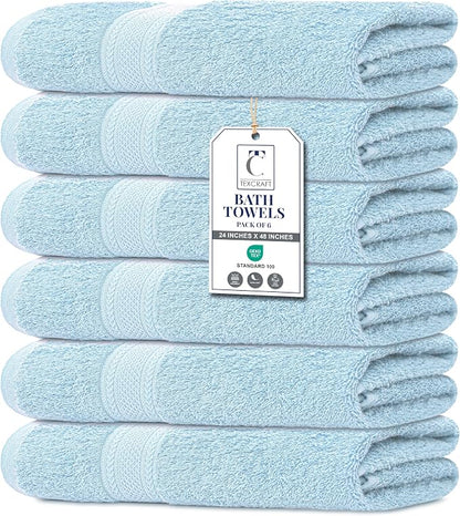 Medium Size Bath Towels Set of 6 – 100% Cotton Terry – 24" x 48" – Quick Dry, Soft & Highly Absorbent – Sky Blue Towels for Bathroom, Gym, Spa, Pool & Daily Use