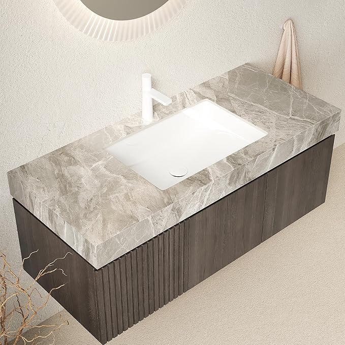 48 Inch Floating Bathroom Vanity with Sink Espresso, Wall-Mounted Bathroom Vanity with Drawer and Doors, Light Gray Sintered Stone Countertop and Ceramic Basin,Pre-Assembled,Espresso